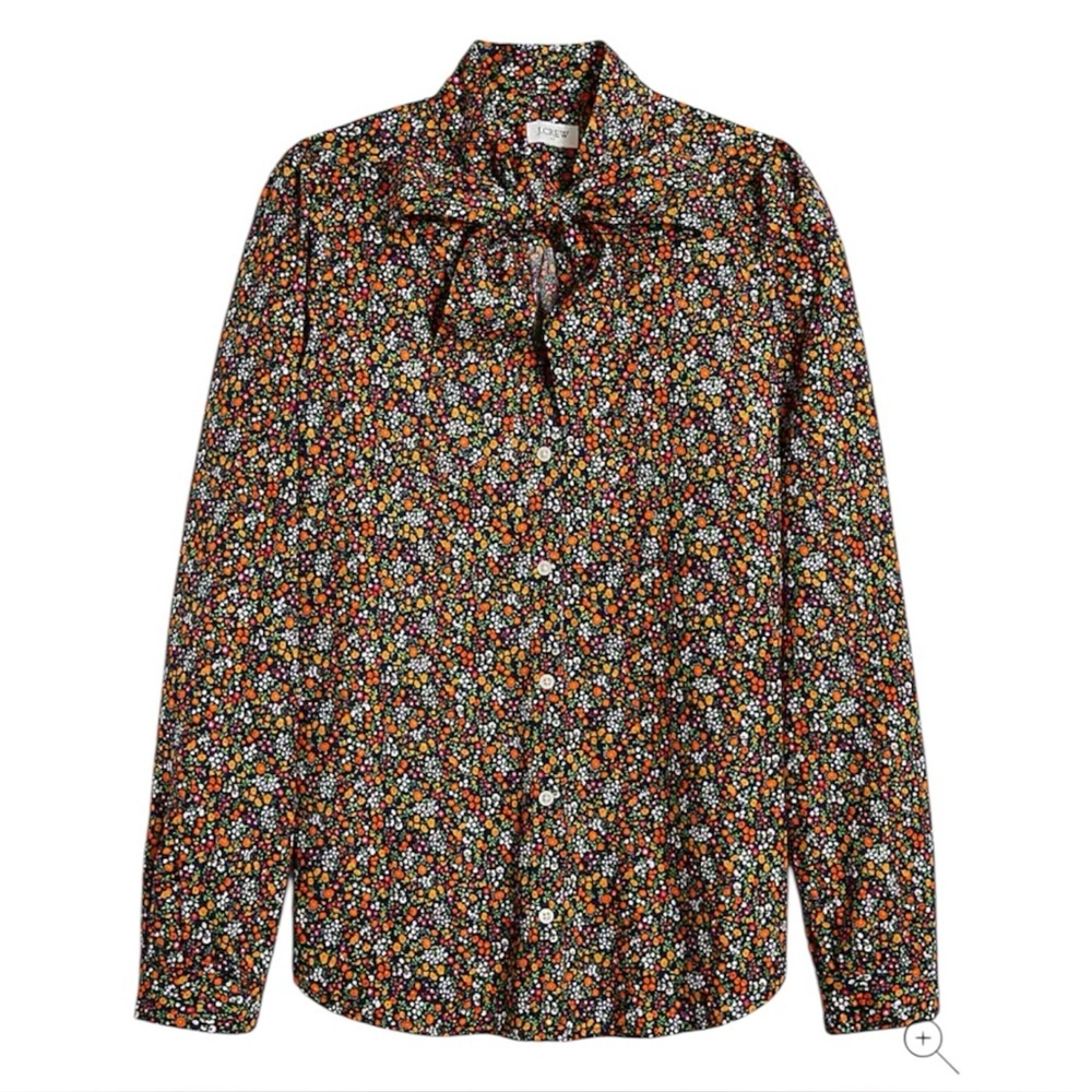 J Crew multi-color Micro Floral Bow Tie-Neck Button Front long-sleeved retro Top - Picture 5 of 7